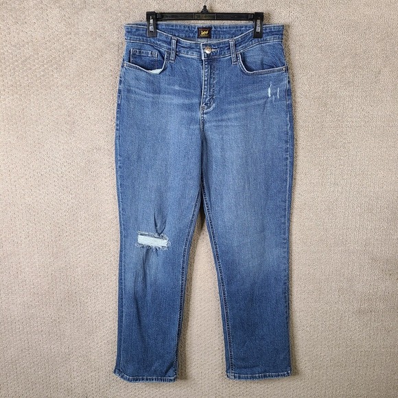 Lee‎ Jeans Womens 14 Blue Straight Distressed High Rise Dark Wash Denim Stretch - Picture 1 of 11